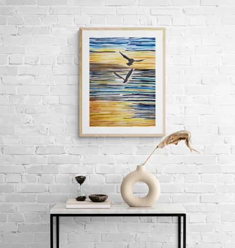 Golden Flight Seascape with Birds