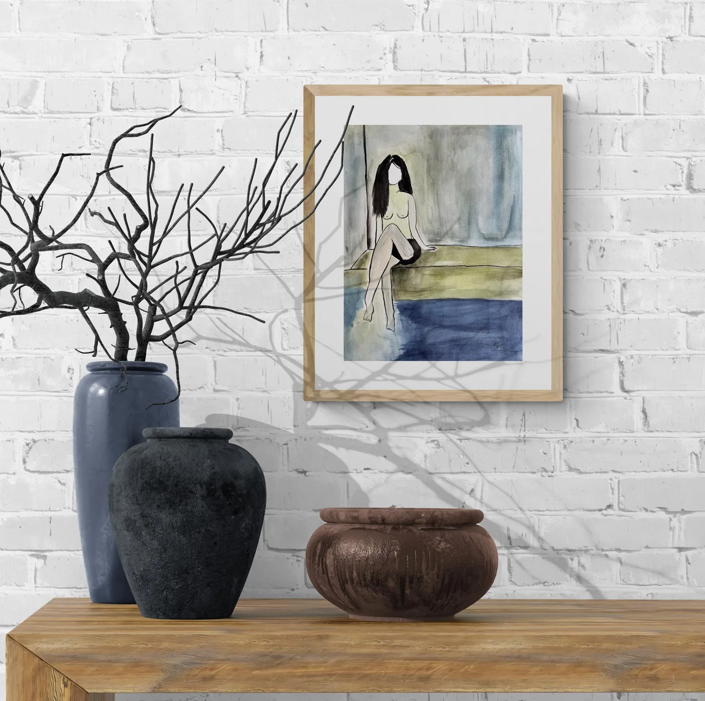 Seated Faceless Woman in Green and Blue