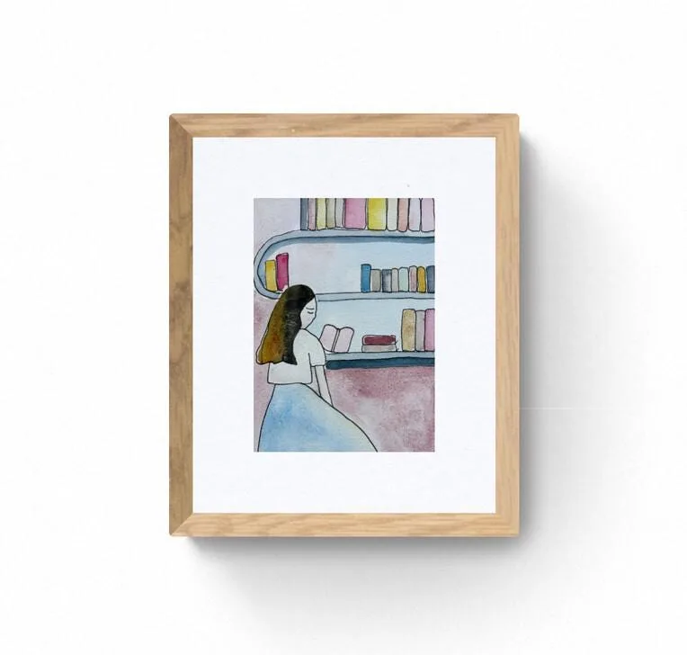Original Watercolor Painting: Whimsical Book Lover Shelf Art (5.8x11 inches)