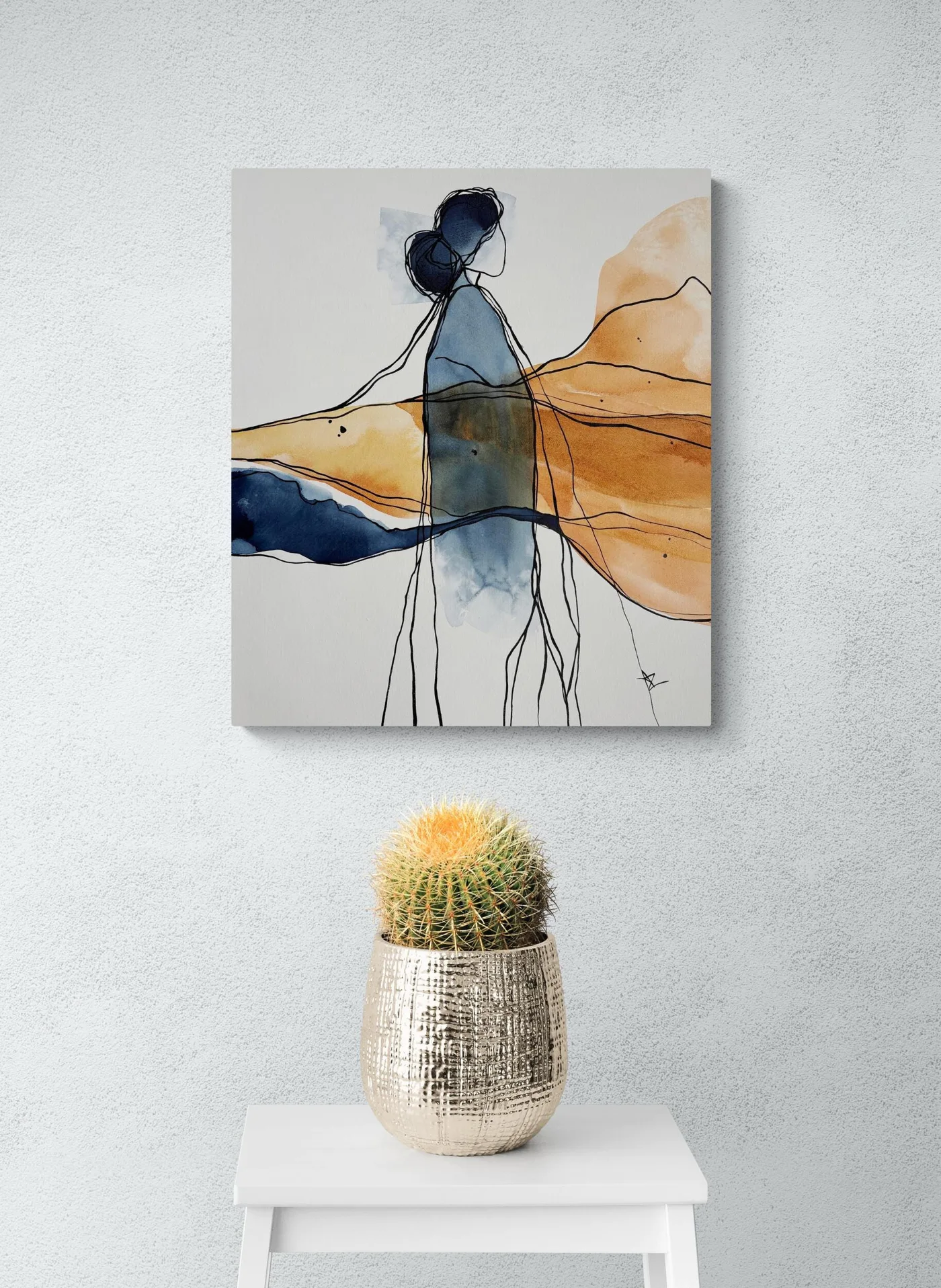 Original Watercolor Painting on Canvas: Abstract Female Figure in Blue and Ochre