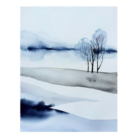 Original Original Watercolor Painting: Minimalist Winter Landscape with Trees
