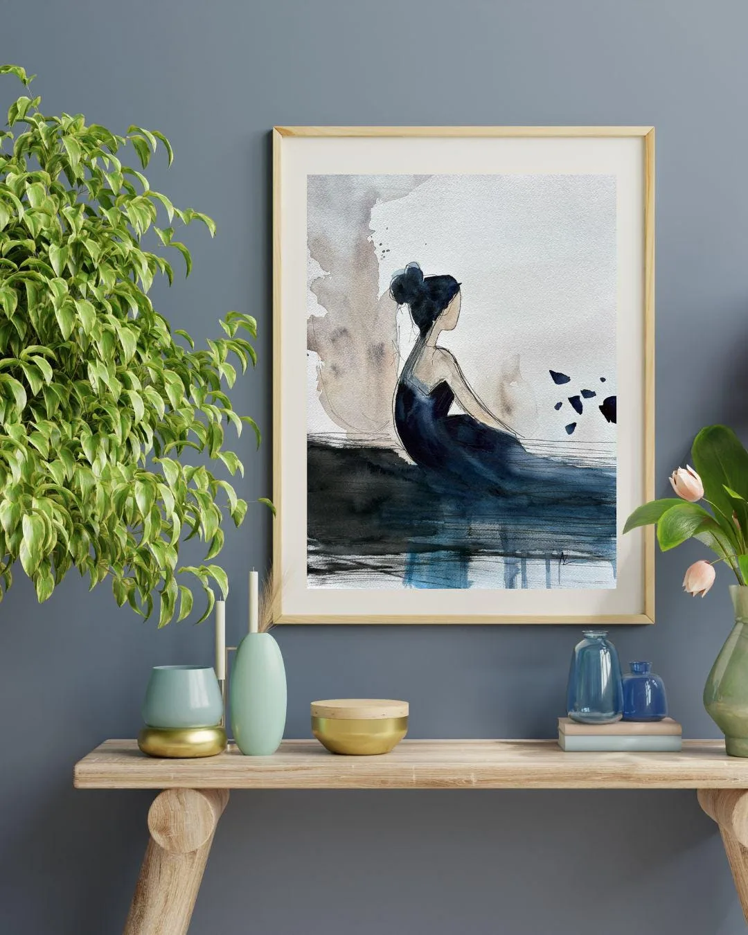 Original Watercolor Painting: Minimalist Woman in Dark Blue Dress (12x16 in)