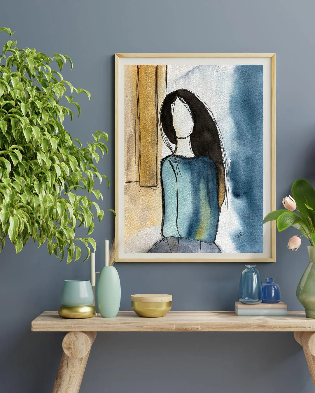 Faceless Woman Dark Hair Soft Blue Blouse