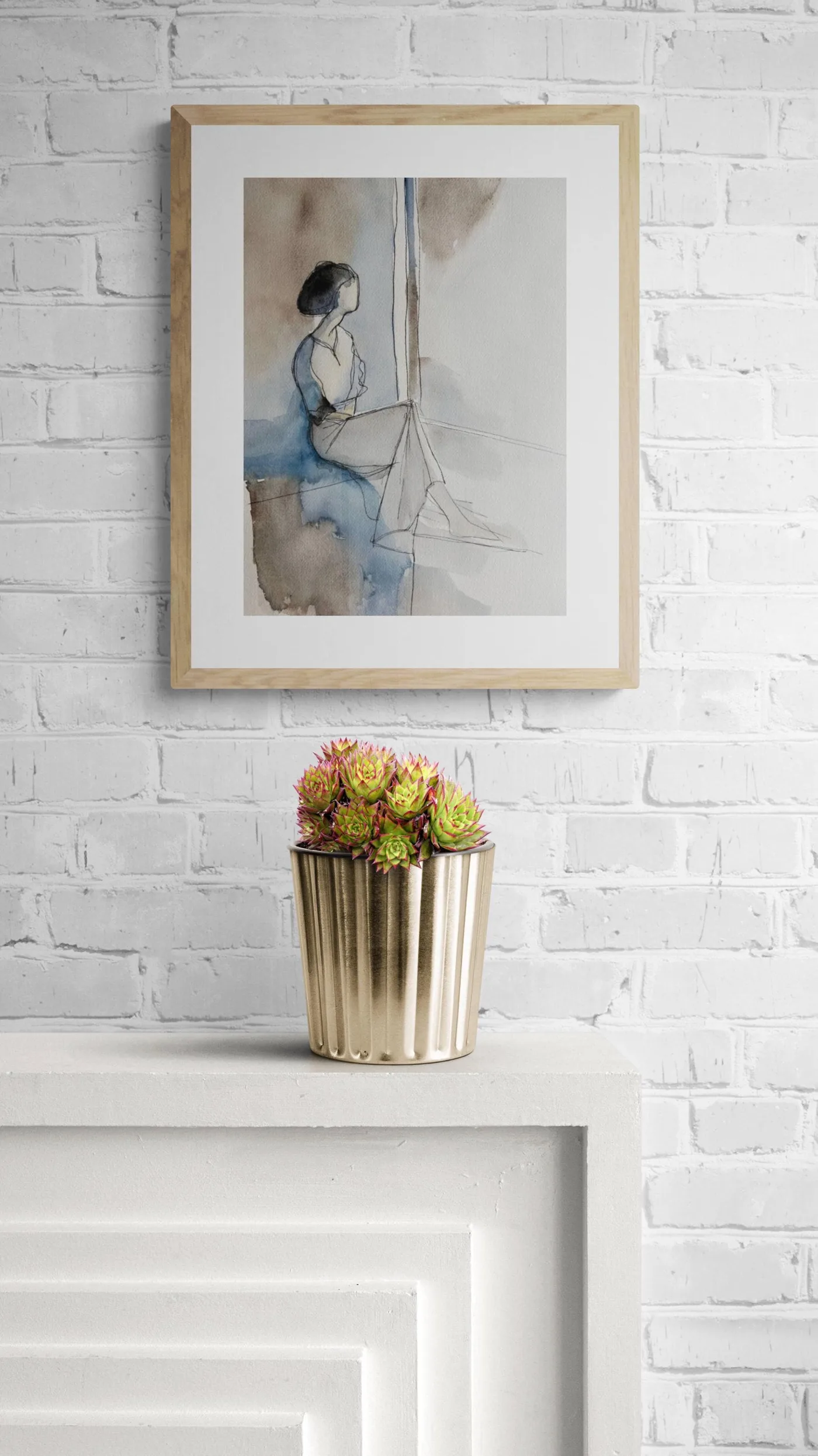 Faceless Woman By Window Blue Gray Beige