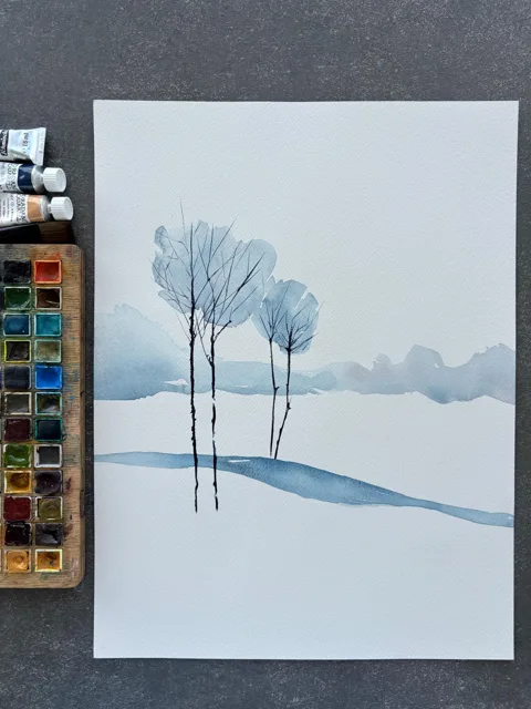 Three Slender Trees Winter Landscape