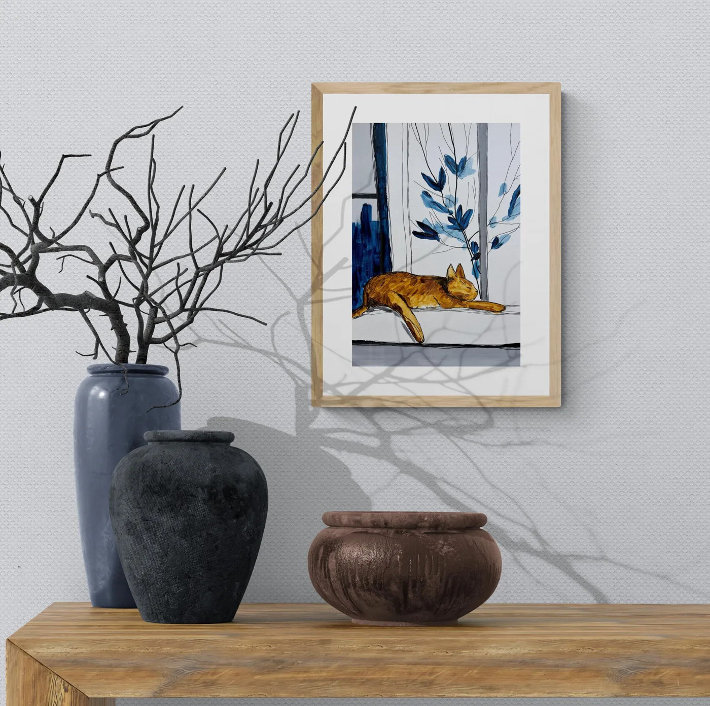 Sleeping Cat on Windowsill with Blue Leaves