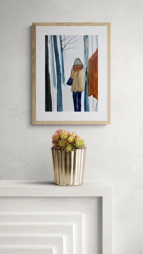 Woman Walking in Winter Forest