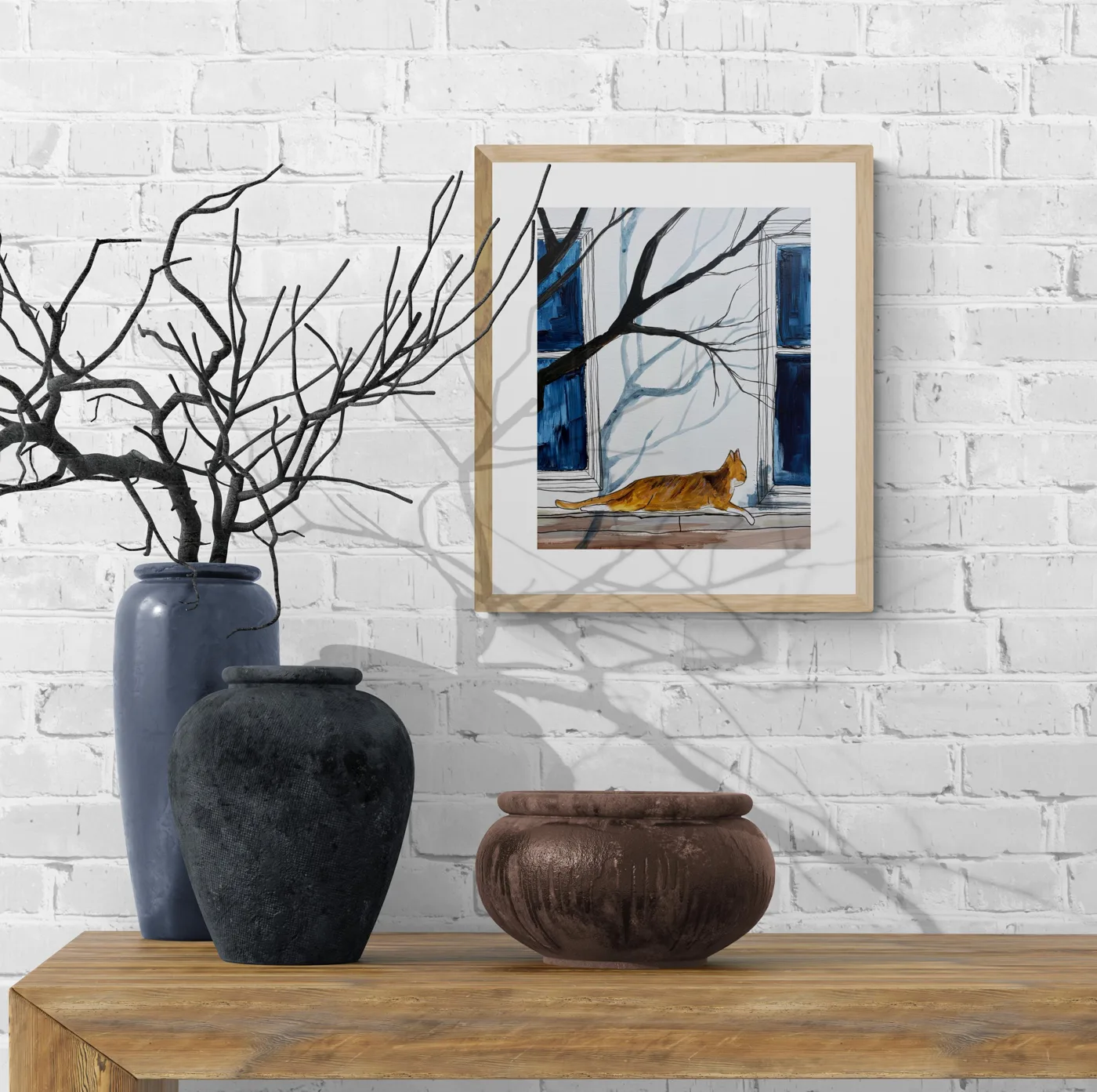 Cat at Windowsill with Tree Branches
