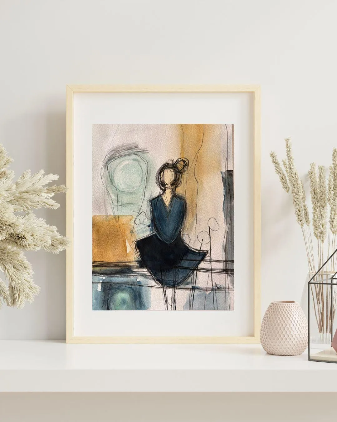 Seated Woman in Blue Dress Ochre Teal