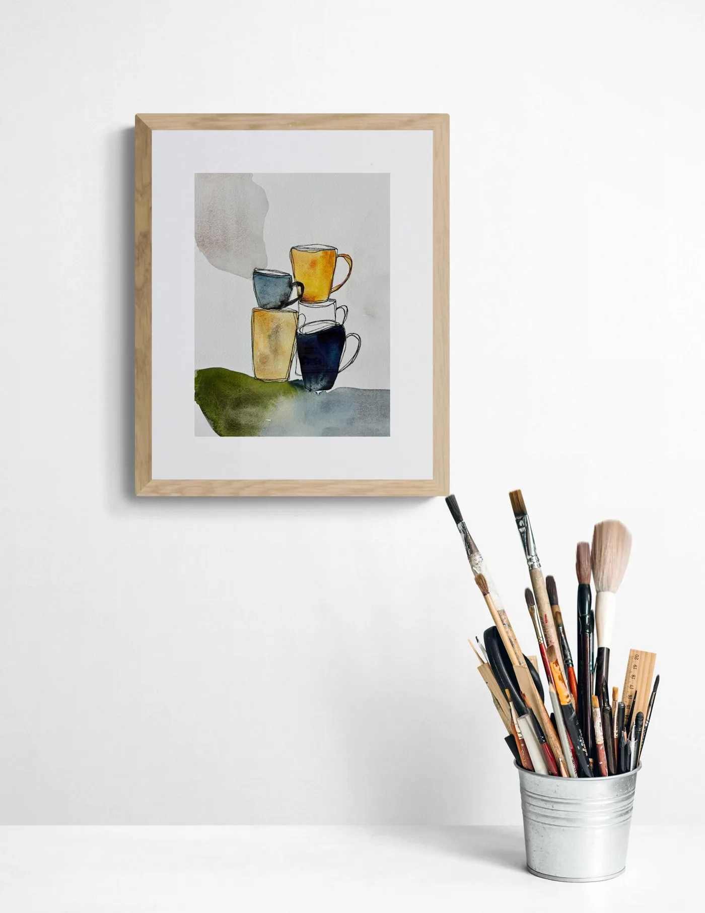 Stacked Ceramic Coffee Cups Navy Ochre