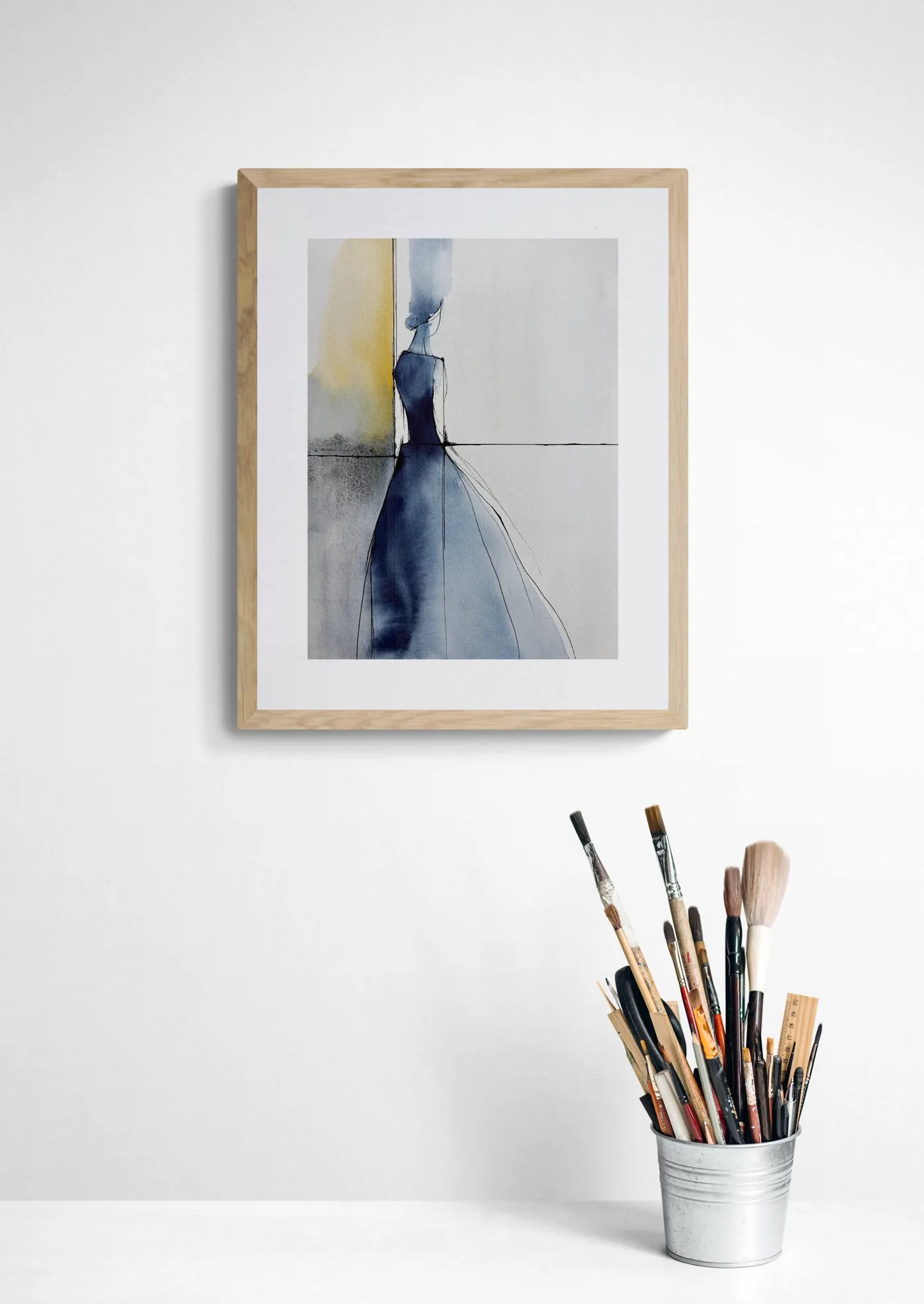 Minimalist Woman in Blue Dress Geometric