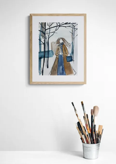 Original Watercolor Painting: Woman with Coffee