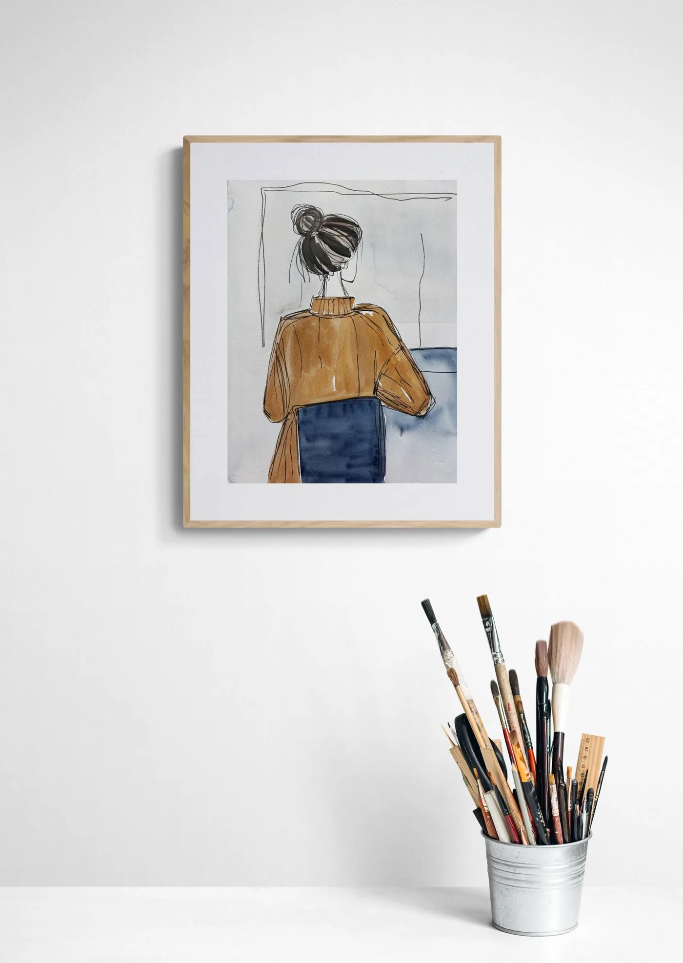 Woman Back View Looking Out Window Teal