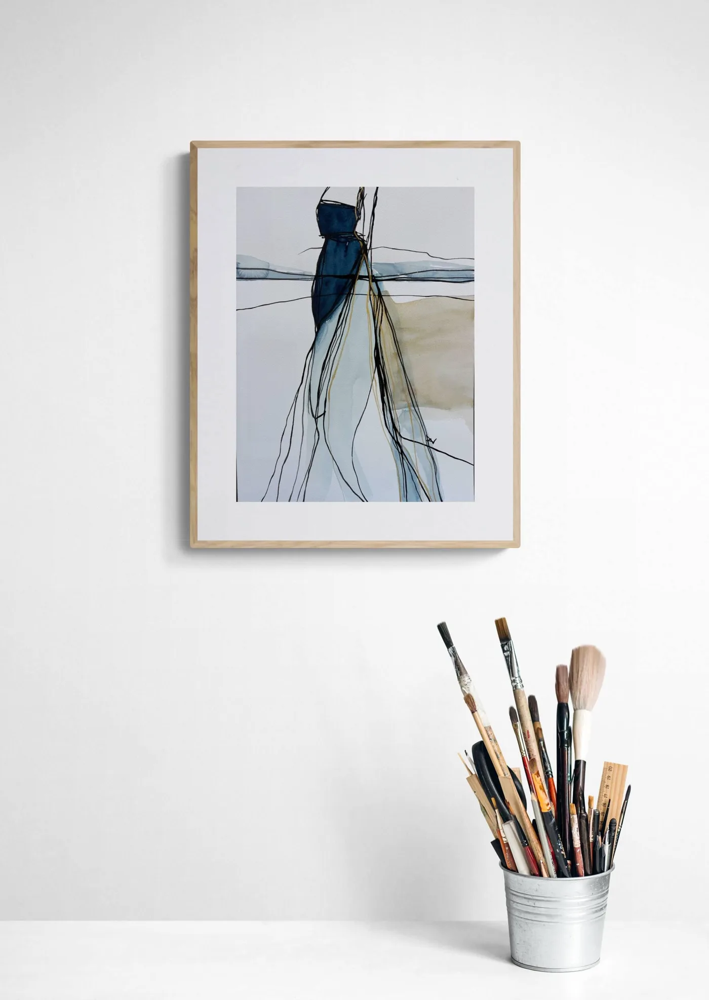 Elongated Woman in Flowing Blue Garment