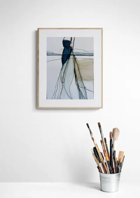 Elongated Woman in Flowing Blue Garment