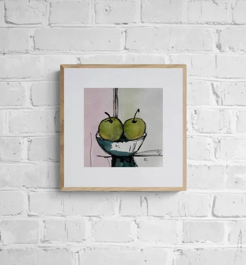 Two Green Apples in Deep Teal Bowl