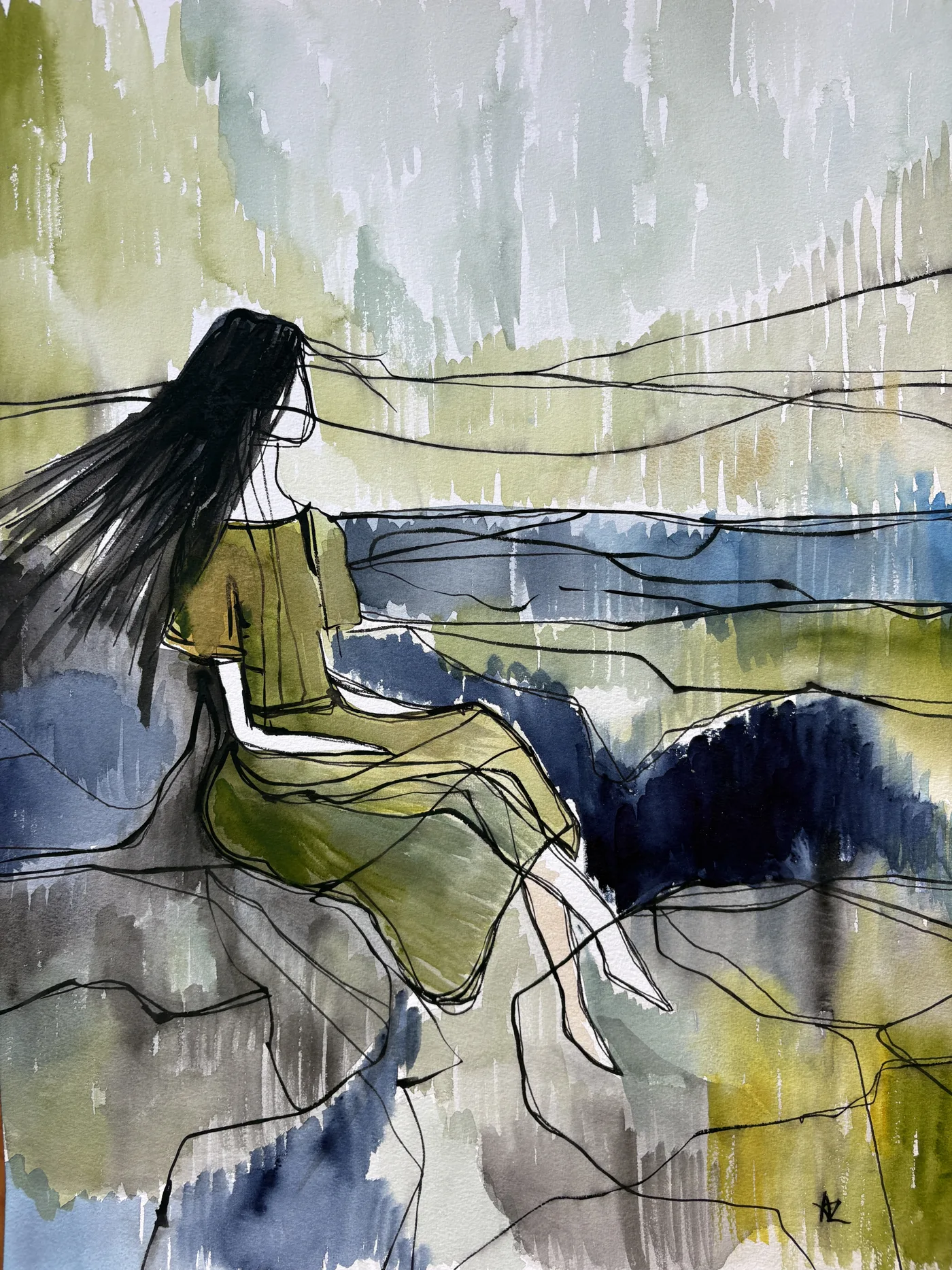 Woman in Green Dress Sage and Indigo