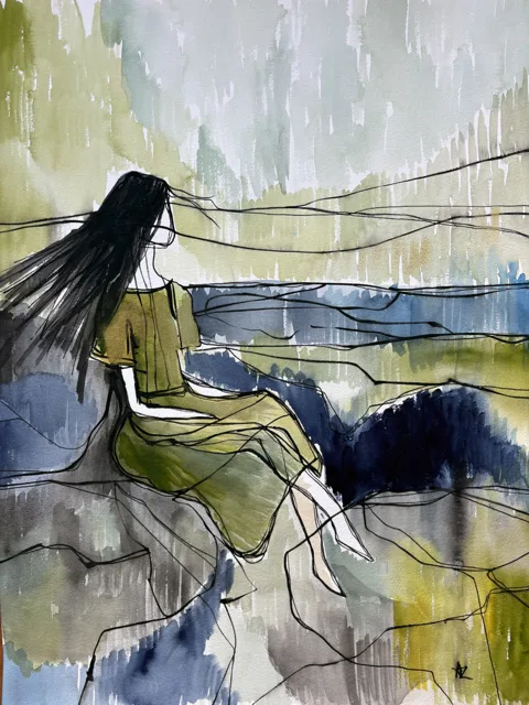 Woman in Green Dress Sage and Indigo