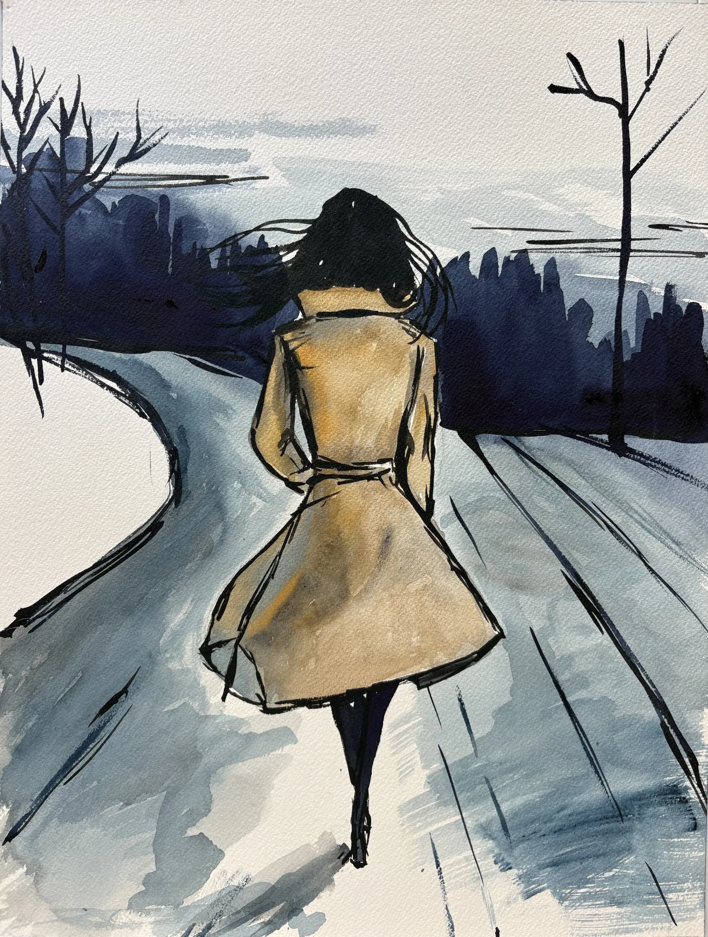 Woman Walking in Wind Beige Blue