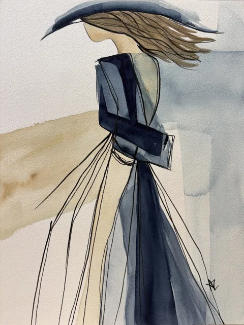 Woman in Blue Hat Blue Beige