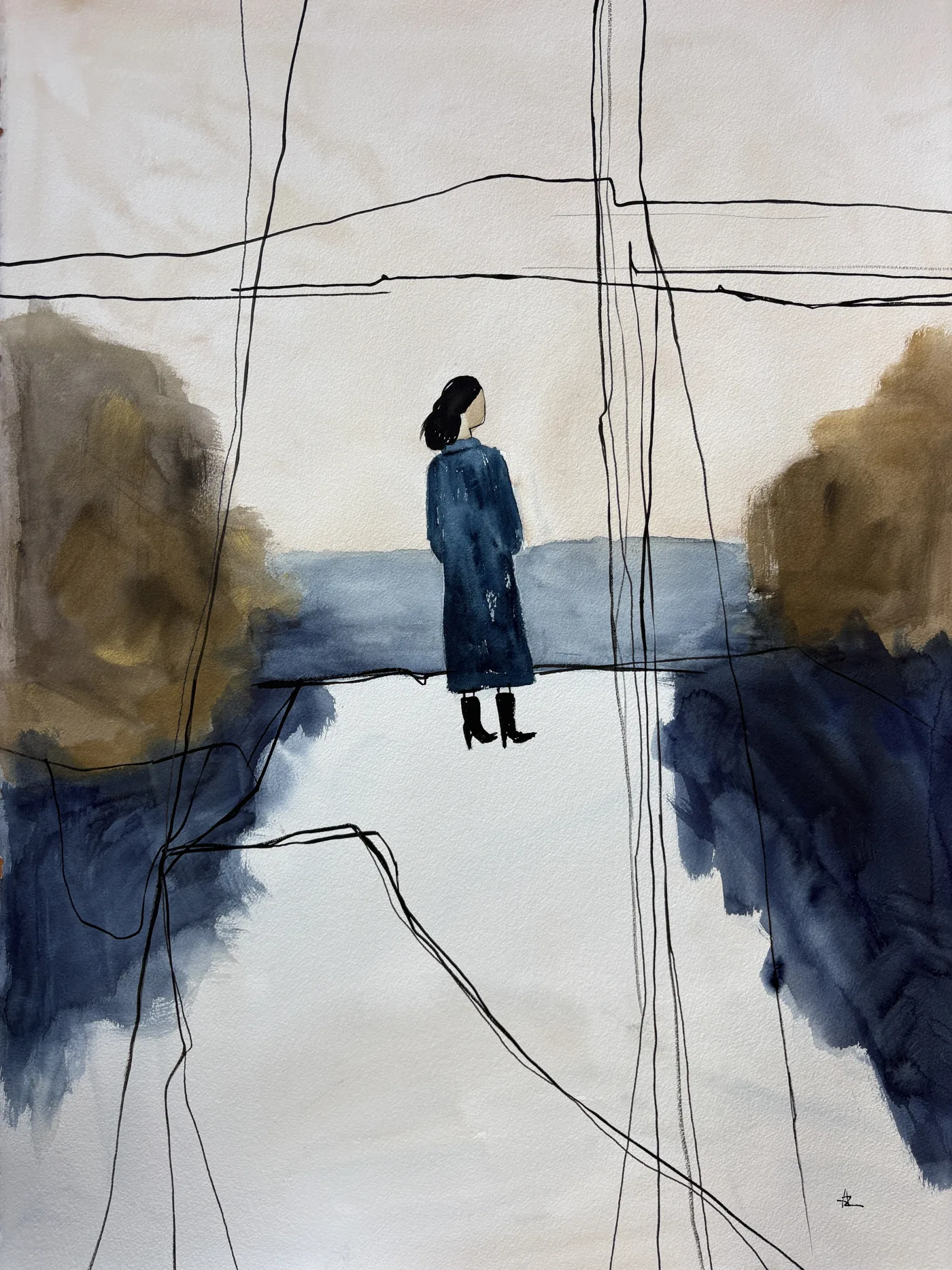 Woman Looking at Sea Blue Brown