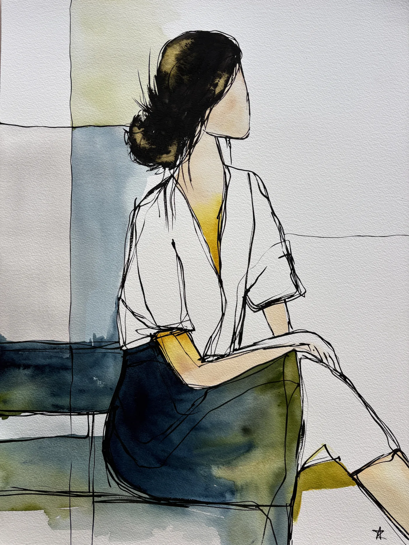 Seated Woman Profile Black Yellow