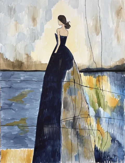 Woman in Dark Blue Dress